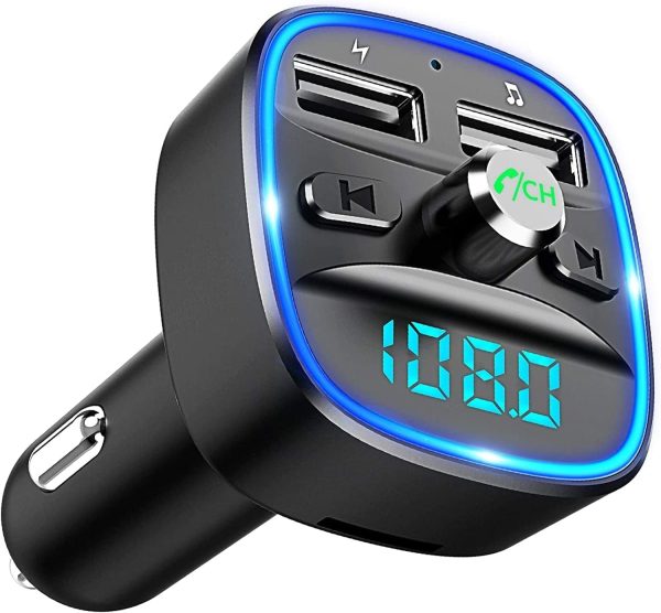 Bluetooth FM Transmitter for Car, Blue Ambient Ring Light Wireless Radio Car Receiver Adapter Kit with Hands-Free Calling, Dual USB Charger 5V/2.4A and 1A, Support SD Card, USB Disk (Black)