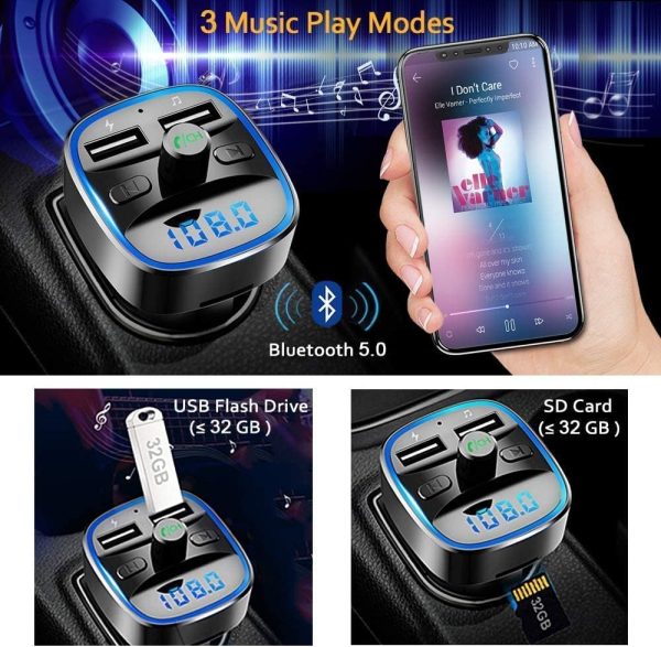 Bluetooth FM Transmitter for Car, Blue Ambient Ring Light Wireless Radio Car Receiver Adapter Kit with Hands-Free Calling, Dual USB Charger 5V/2.4A and 1A, Support SD Card, USB Disk (Black) - Image 2