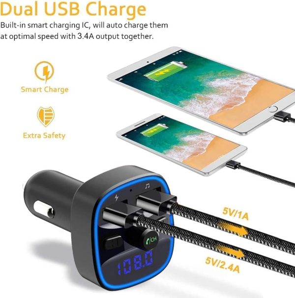 Bluetooth FM Transmitter for Car, Blue Ambient Ring Light Wireless Radio Car Receiver Adapter Kit with Hands-Free Calling, Dual USB Charger 5V/2.4A and 1A, Support SD Card, USB Disk (Black) - Image 3