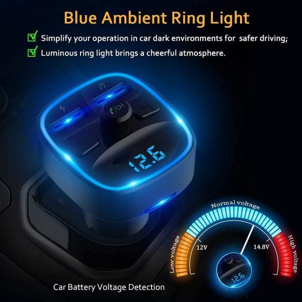 Bluetooth FM Transmitter for Car, Blue Ambient Ring Light Wireless Radio Car Receiver Adapter Kit with Hands-Free Calling, Dual USB Charger 5V/2.4A and 1A, Support SD Card, USB Disk (Black) - Image 4