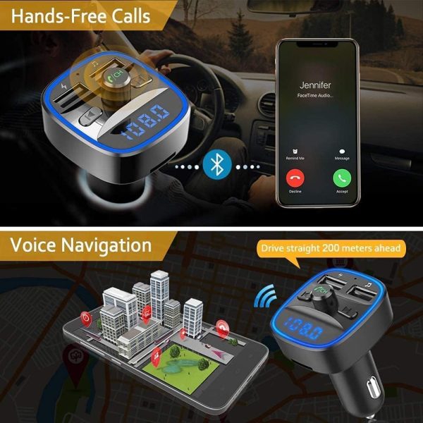 Bluetooth FM Transmitter for Car, Blue Ambient Ring Light Wireless Radio Car Receiver Adapter Kit with Hands-Free Calling, Dual USB Charger 5V/2.4A and 1A, Support SD Card, USB Disk (Black) - Image 5