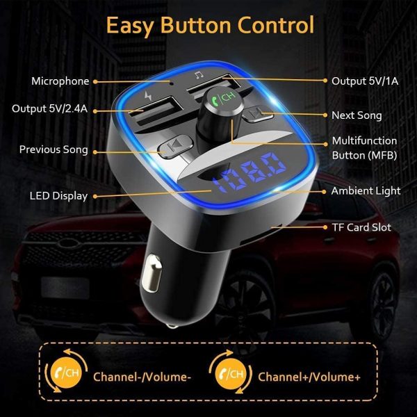 Bluetooth FM Transmitter for Car, Blue Ambient Ring Light Wireless Radio Car Receiver Adapter Kit with Hands-Free Calling, Dual USB Charger 5V/2.4A and 1A, Support SD Card, USB Disk (Black) - Image 7