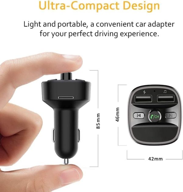 Bluetooth FM Transmitter for Car, Blue Ambient Ring Light Wireless Radio Car Receiver Adapter Kit with Hands-Free Calling, Dual USB Charger 5V/2.4A and 1A, Support SD Card, USB Disk (Black) - Image 8