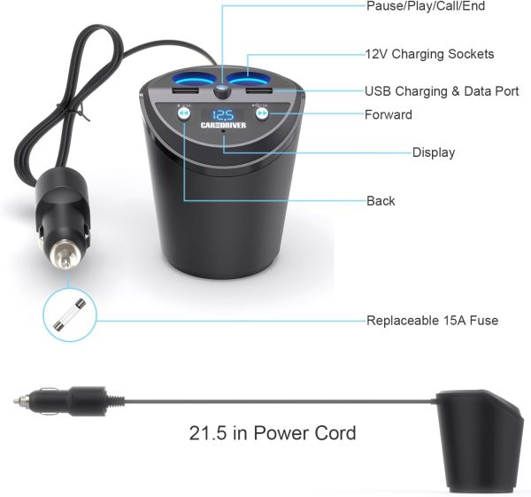 CAR AND DRIVER Bluetooth FM Transmitter Cup Holder for Car with Built-in Dual USB Fast Charging Ports & Dual Cigarette Lighter 12V Power Sockets. Audio Adapter Receiver Wireless. Handsfree Car Kit - Image 7