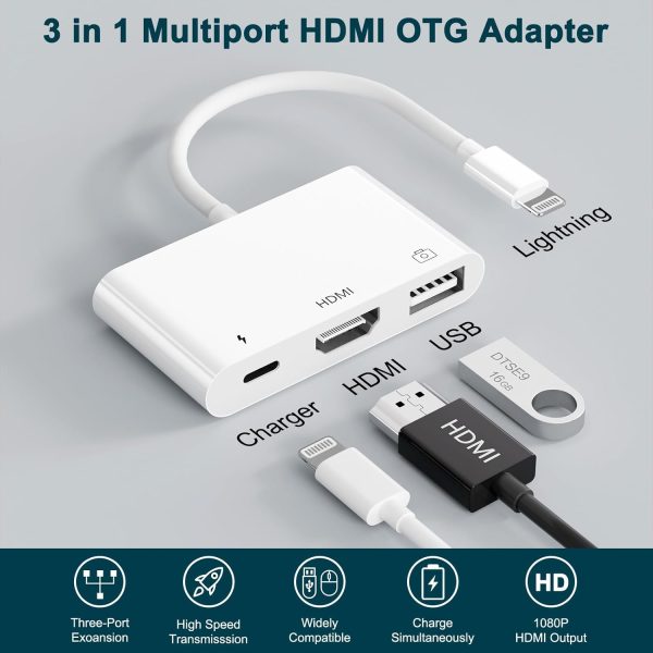 HDMI Adapter, 3 in 1 USB Camera Adapter with 1080P Digital AV HDMI Adapter + Charging Splitter, Support USB Flash Drive, MIDI Keyboard, Mouse, Ethernet Adapter - Image 2