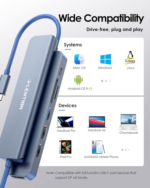 LENTION USB C Hub with 100W Charging, 4K HDMI, Dual Card Reader, USB 3.0 & 2.0 Compatible 2023-2016 MacBook Pro, New Mac Air/Surface, Chromebook, More, Stable Driver Adapter (CB-CE18,Blue) - Image 7