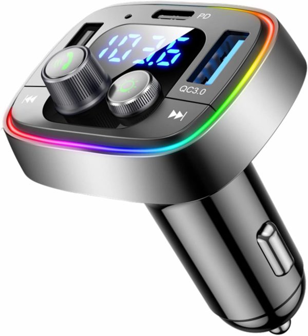 LIHAN USB C Bluetooth Adapter for Car, AUX Wireless FM Radio Transmitter, Handsfree Calling & Audio Receiver, MP3 Music Player, QC3.0 & Type-C PD USB Car Charger,7 Colors LED Backlit