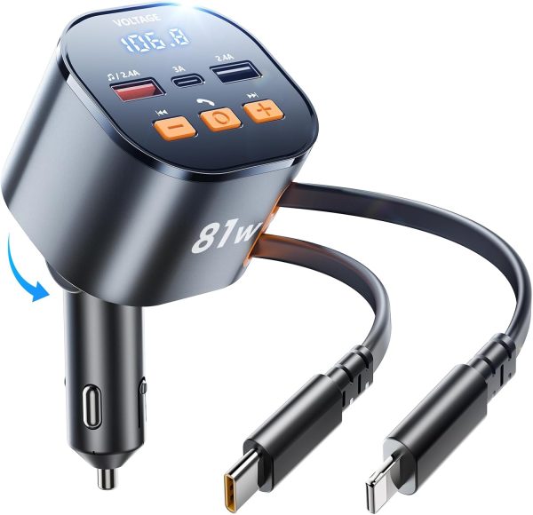 SUPERONE Bluetooth 5.3 Car Adapter with Retractable Charger PD 30W, FM Transmitter Radio Receiver, Handsfree Calling & Audio Receiver, MP3 Music Player, LED Display Hands-Free Calling Support USB