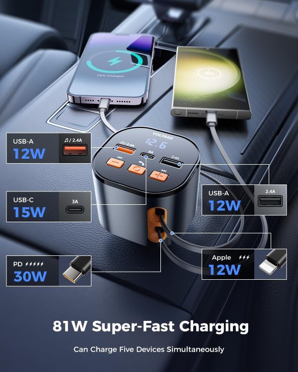 SUPERONE Bluetooth 5.3 Car Adapter with Retractable Charger PD 30W, FM Transmitter Radio Receiver, Handsfree Calling & Audio Receiver, MP3 Music Player, LED Display Hands-Free Calling Support USB - Image 3