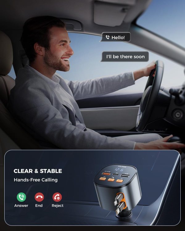 SUPERONE Bluetooth 5.3 Car Adapter with Retractable Charger PD 30W, FM Transmitter Radio Receiver, Handsfree Calling & Audio Receiver, MP3 Music Player, LED Display Hands-Free Calling Support USB - Image 5