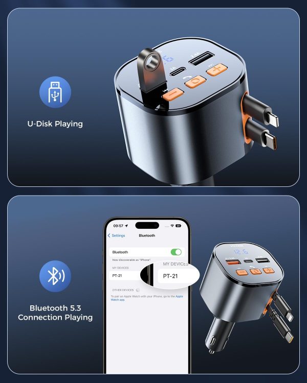 SUPERONE Bluetooth 5.3 Car Adapter with Retractable Charger PD 30W, FM Transmitter Radio Receiver, Handsfree Calling & Audio Receiver, MP3 Music Player, LED Display Hands-Free Calling Support USB - Image 6